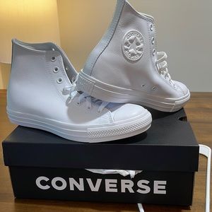 White Monocrome Leather High Top Converse